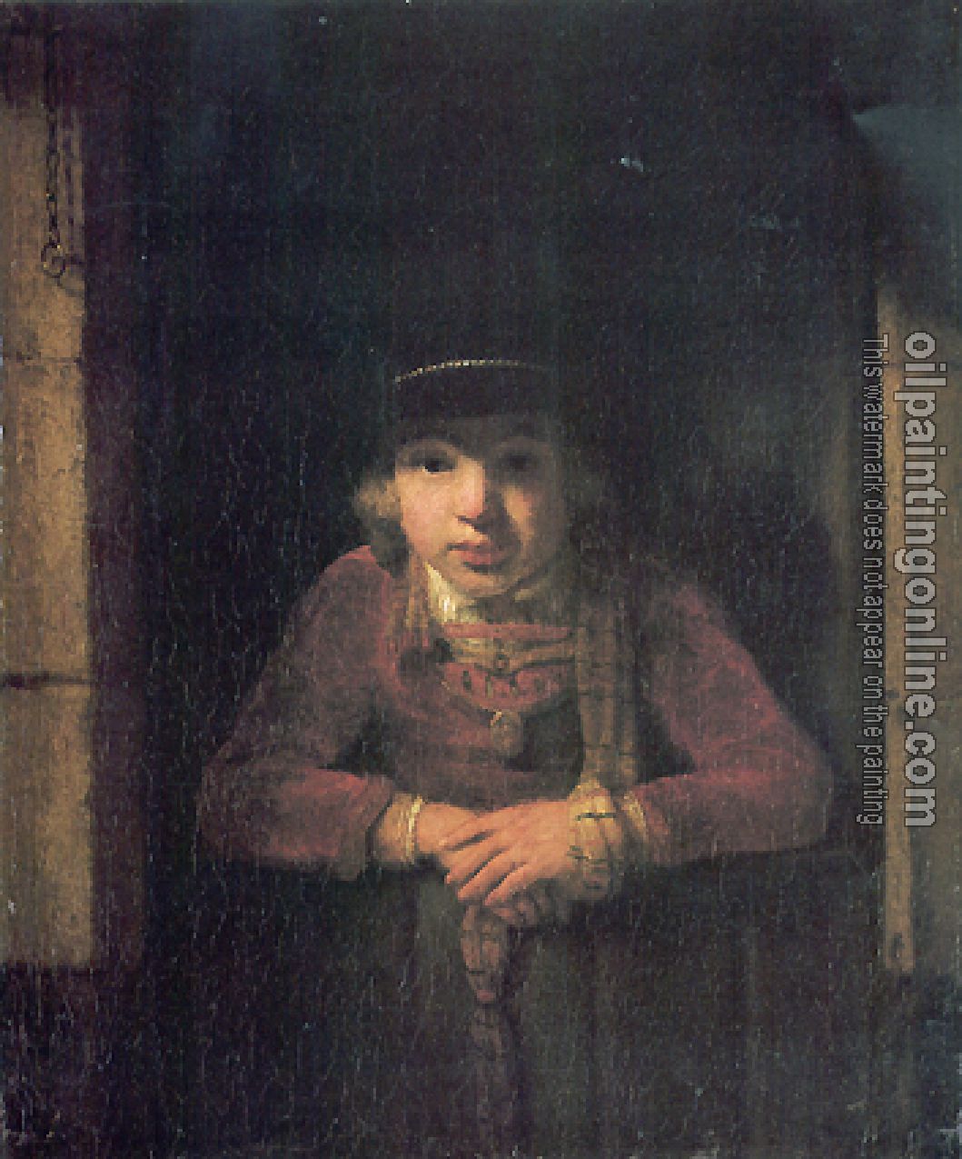 Samuel van Hoogstraten - A Young Man Wearing a Hat decorated with a Gold Medallion in a Half-Door